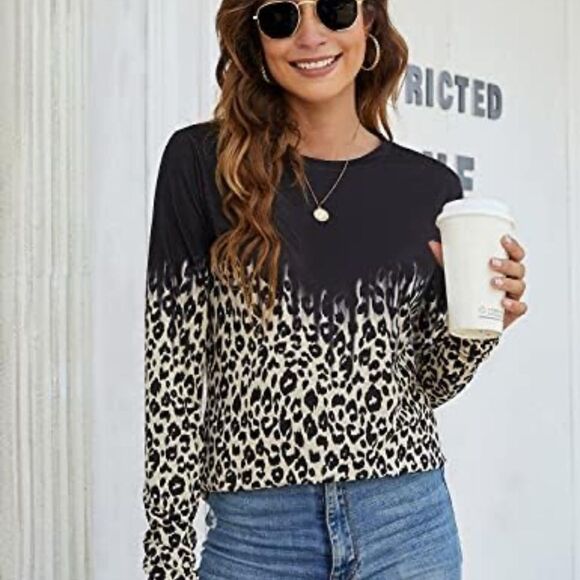 Blooming Jelly Black Leopard Ombré Long Sleeve Pull On Lightweight Blouse Top - Picture 1 of 13
